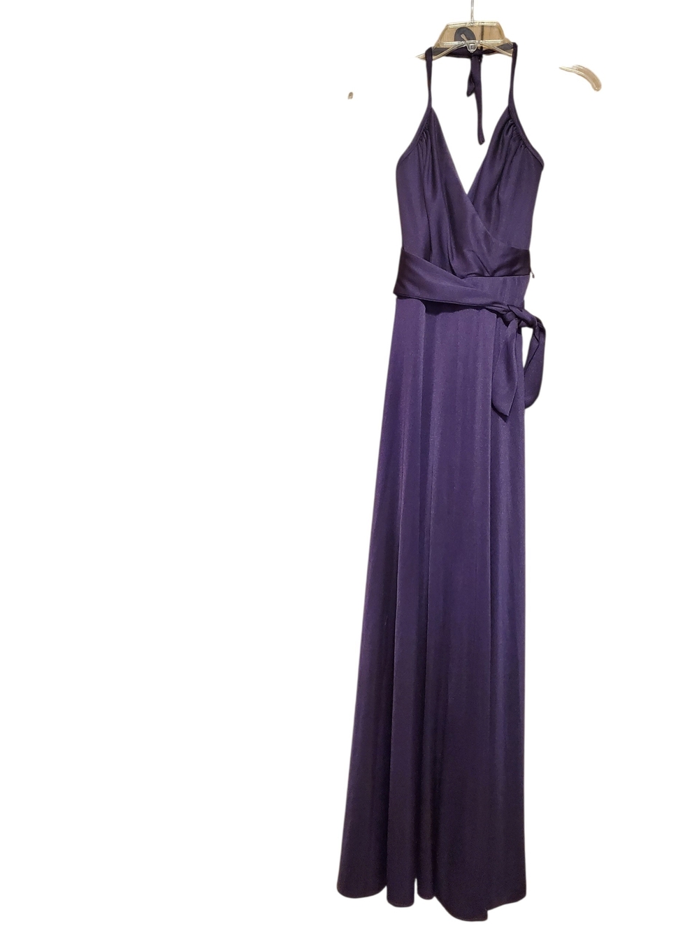 Halter V-Neck Maxi Dress with Tie Waist in Plum